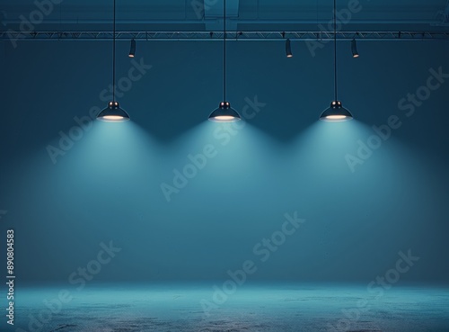 Three Spotlights Illuminate a Blue Studio Space