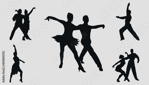 Ballroom dancing. Silhouettes of dancing people. Vector on a black background