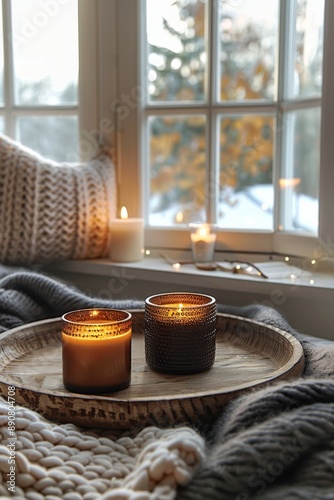 Two Burning Candles on Wooden Tray Near Window With Cozy Blanket