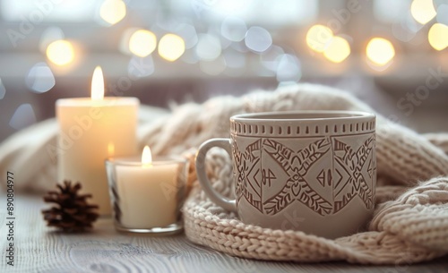 Cozy Winter Scene With Mug, Candles, and Knit Blanket