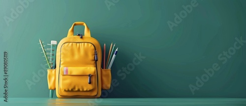 Yellow Backpack With Pens, Books, And A Vase Of Leaves On A Teal Desk