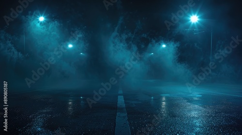 A city street with heavy fog and streetlights, suitable for use in scenes about mystery or detective work