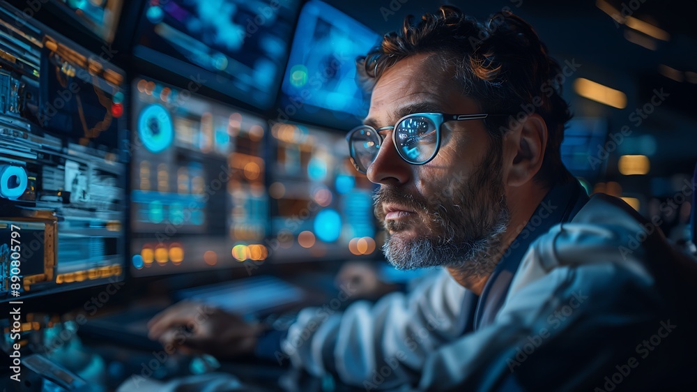 Intense Monitoring: Scientist Deep in Analysis at Mission Control Center Intense Monitoring: Scientist Deep in Analysis at Mission Control Center