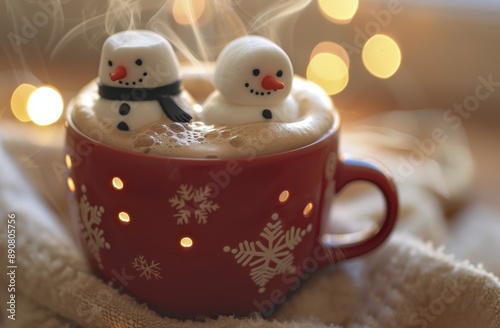 Festive Snowman Marshmallows in a Red Mug of Hot Chocolate