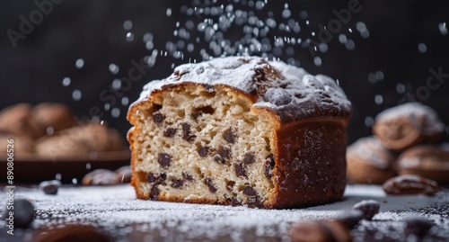 Chocolate Chip Bread Loaf With Powdered Sugar Sprinkles on Wooden Table