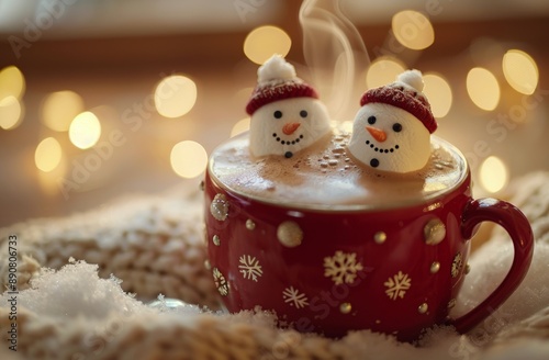 Festive Snowman Marshmallows in a Red Mug of Hot Chocolate
