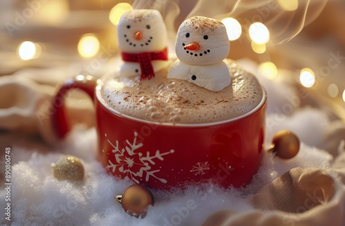 Festive Snowman Marshmallows in a Red Mug of Hot Chocolate