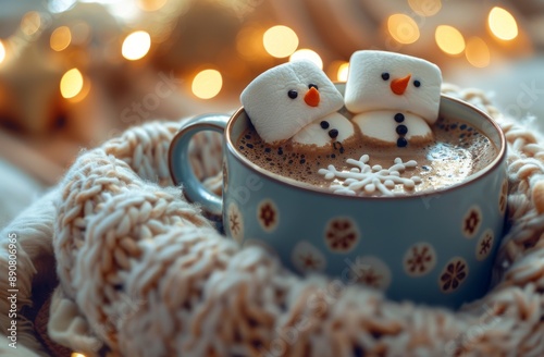 Two Snowman Marshmallows in a Mug of Hot Chocolate on a Cozy Winter Bed