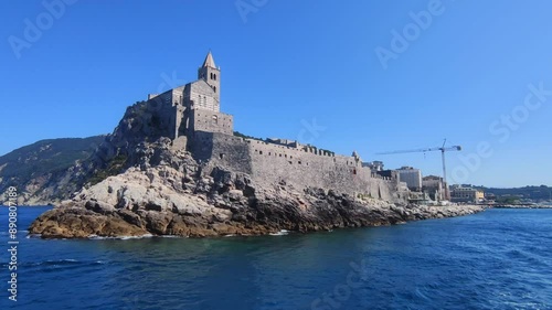 Scenic view from the Mediterranean Sea of the medieval fortress of Portovenere, Italy