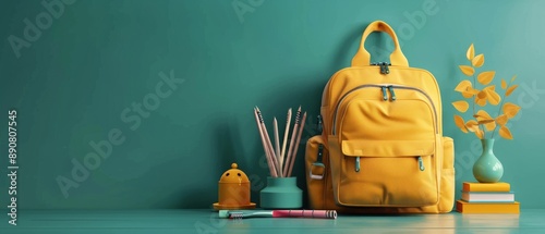 Yellow Backpack With Pens, Books, And A Vase Of Leaves On A Teal Desk