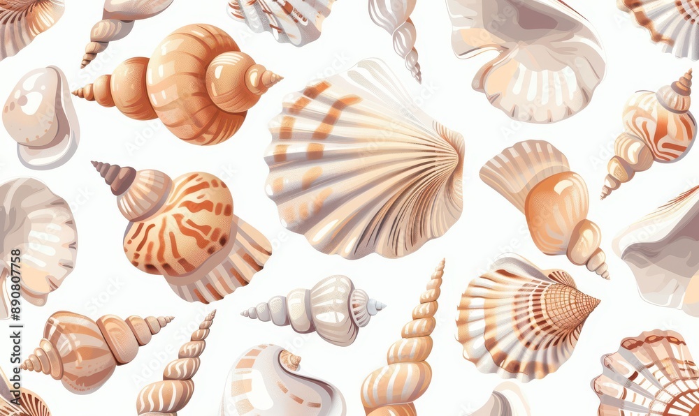 A pattern of seashells and starfish on a white background. Vector illustration. A pattern of seashells and starfish on a white background. Vector illustration.