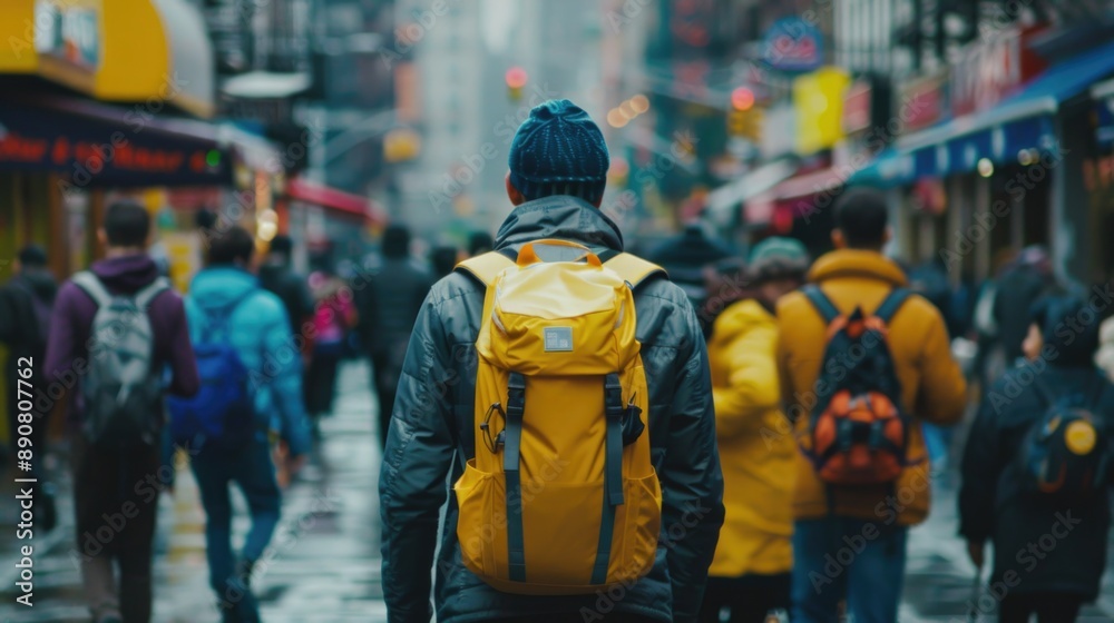 A group of people walking together on a wet street, umbrellas and raincoats in use A group of people walking together on a wet street, umbrellas and raincoats in use