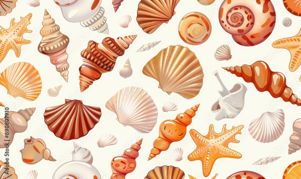 A pattern of seashells and starfish on a white background. Vector illustration. A pattern of seashells and starfish on a white background. Vector illustration.