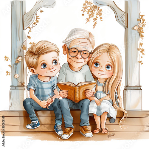 Grandpa reading a book to grand children