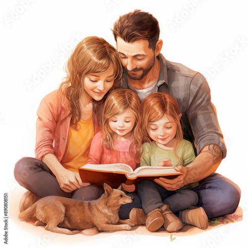Mom and Dad sitting on the floor with their children read a book