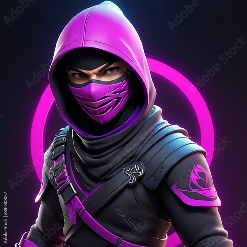 Ninja with a purple mask and black outfit stands with crossed arms and sword against a neon background. Suitable for actionthemed design photo