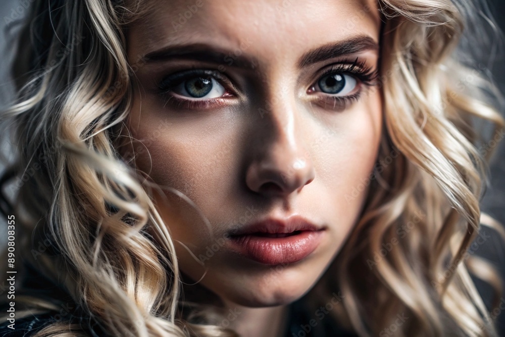 A deep, emotional portrait. The face of a young girl without makeup with expressive eyes and light curly hair. Natural female beauty.