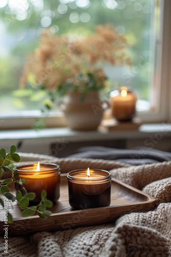 Two Burning Candles on Wooden Tray Near Window With Cozy Blanket