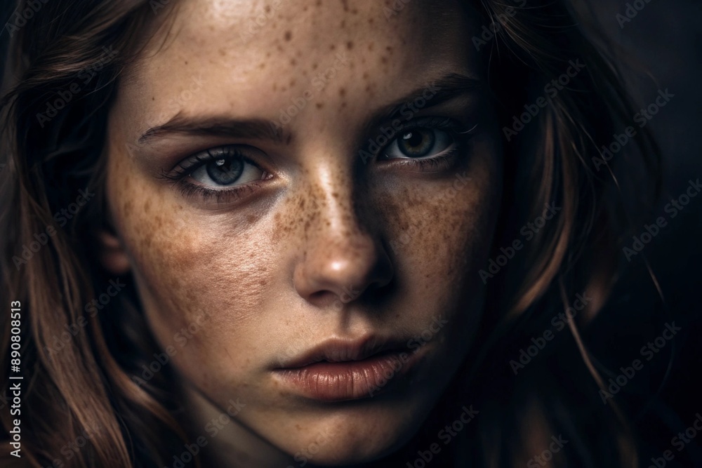A deep, emotional portrait. The face of a young girl without makeup with expressive eyes and curly brown hair. Natural female beauty. A deep, emotional portrait. The face of a young girl without makeup with expressive eyes and curly brown hair. Natural female beauty.