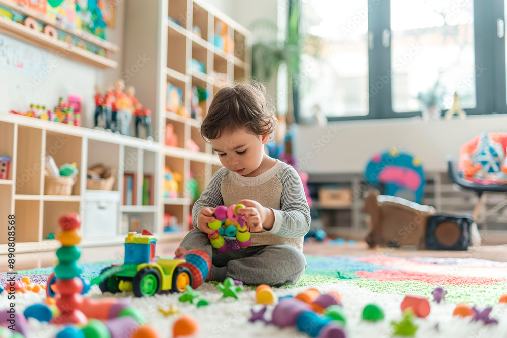 Toddler playing with colorful toys on a carpet in a bright playroom Toddler playing with colorful toys on a carpet in a bright playroom