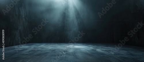 A dark, empty room with a misty atmosphere and beams of light from above. The mood is eerie and mysterious.