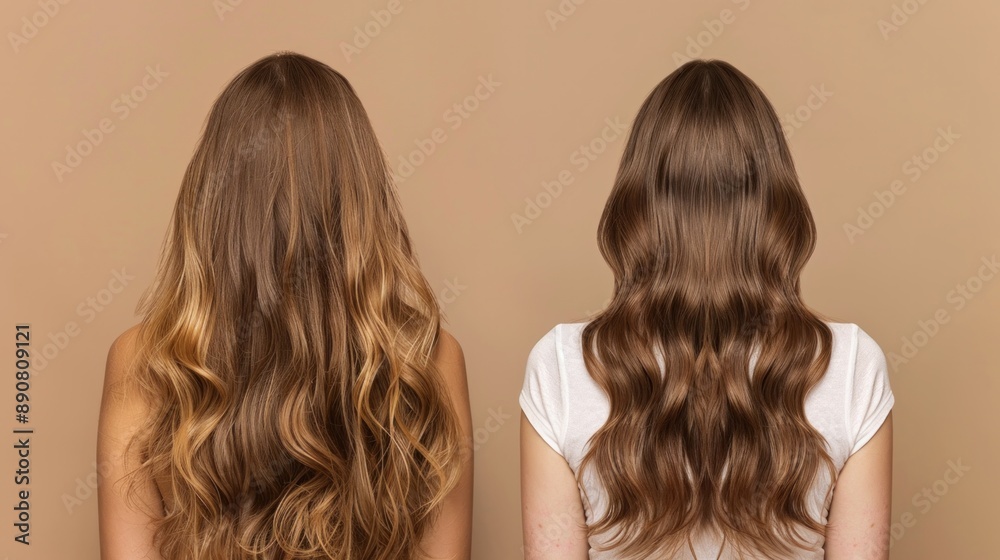 A woman's hair, frizz, and heat damage are shown isolated in a studio against a brown backdrop. Back, salon treatment, and woman displaying keratin treatment outcomes, both before and after a hairstyl A woman's hair, frizz, and heat damage are shown isolated in a studio against a brown backdrop. Back, salon treatment, and woman displaying keratin treatment outcomes, both before and after a hairstyl