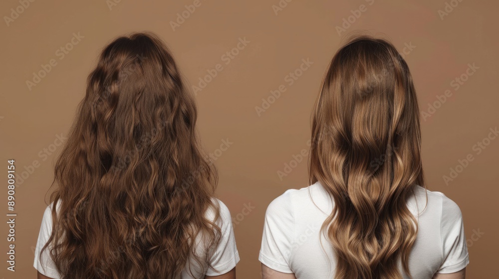 A woman's hair, frizz, and heat damage are shown isolated in a studio against a brown backdrop. Back, salon treatment, and woman displaying keratin treatment outcomes, both before and after a hairstyl A woman's hair, frizz, and heat damage are shown isolated in a studio against a brown backdrop. Back, salon treatment, and woman displaying keratin treatment outcomes, both before and after a hairstyl