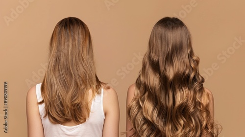 A woman's hair, frizz, and heat damage are shown isolated in a studio against a brown backdrop. Back, salon treatment, and woman displaying keratin treatment outcomes, both before and after a hairstyl photo