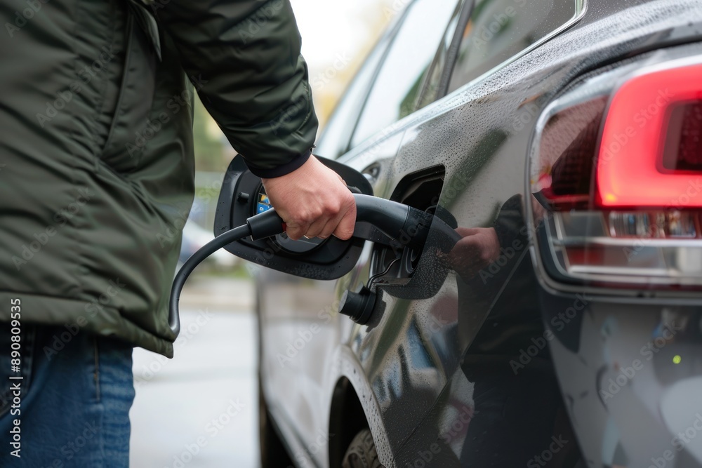 Man holds charging plug for charging car, close up Man holds charging plug for charging car, close up