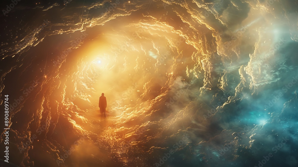 Fototapeta premium A surreal scene unfolds as a figure descends into an ethereal abyss of light, their form disappearing into the depths. 