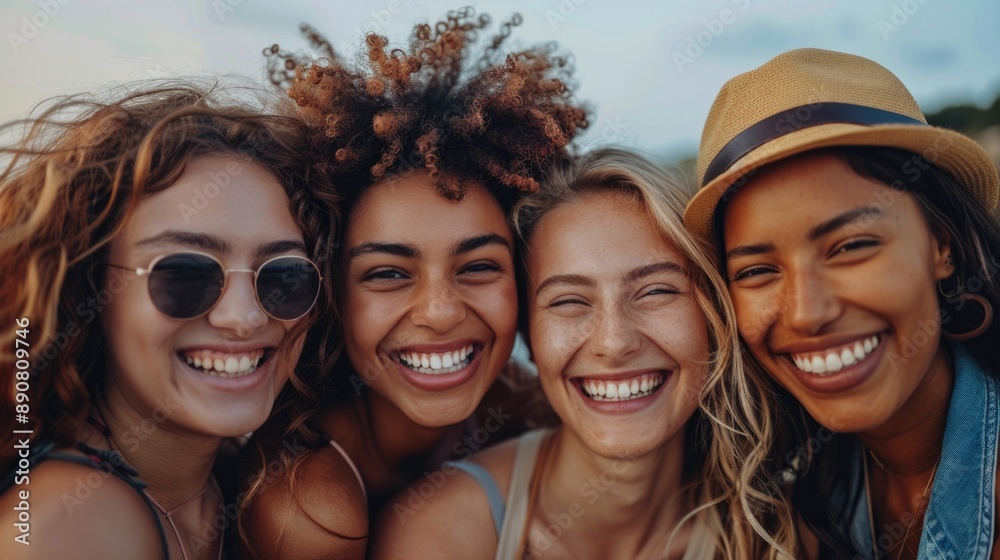 Joyful Diverse Friends Enjoying a Sunset Together Joyful Diverse Friends Enjoying a Sunset Together