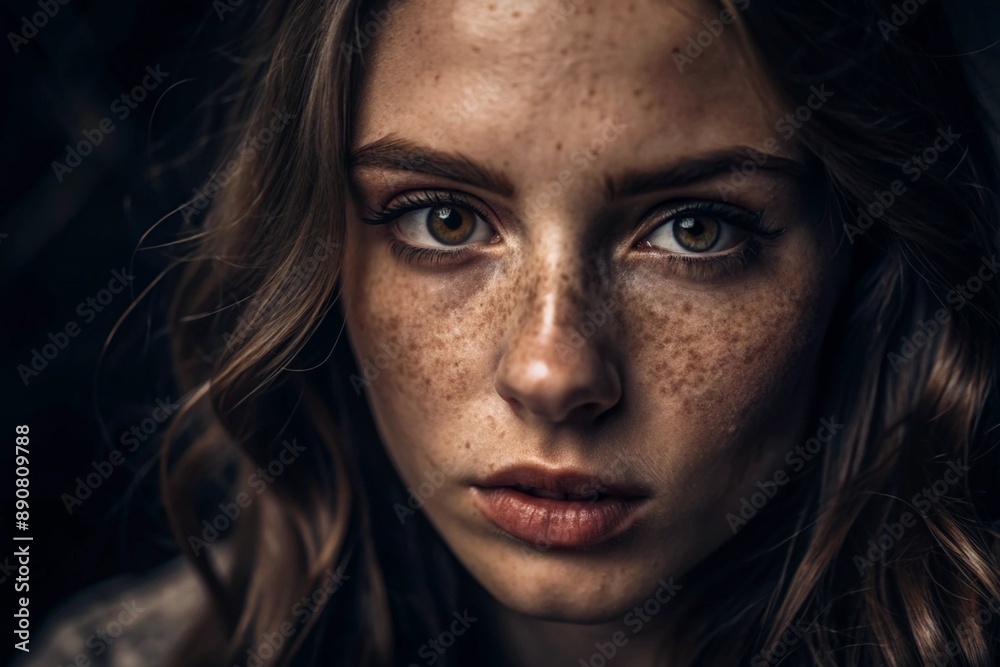A deep, emotional portrait. The face of a young girl without makeup with expressive eyes and curly brown hair. Natural female beauty. A deep, emotional portrait. The face of a young girl without makeup with expressive eyes and curly brown hair. Natural female beauty.