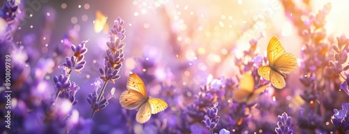 A beautiful background of lavender flowers with yellow butterflies flying in the sunlight, creating an atmosphere of tranquility and serenity Generative AI