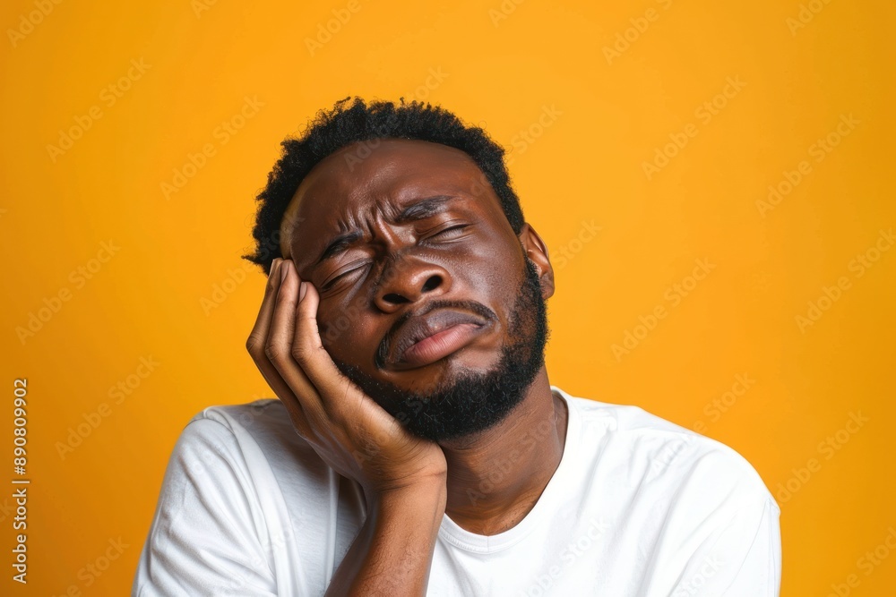 Man with toothache holds her cheek with painful expression on face Man with toothache holds her cheek with painful expression on face