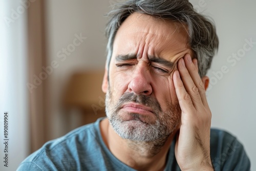 Man with toothache holds her cheek with painful expression on face