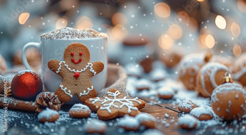 Gingerbread Mug With a Smiling Gingerbread Man in Snowy Winter Setting