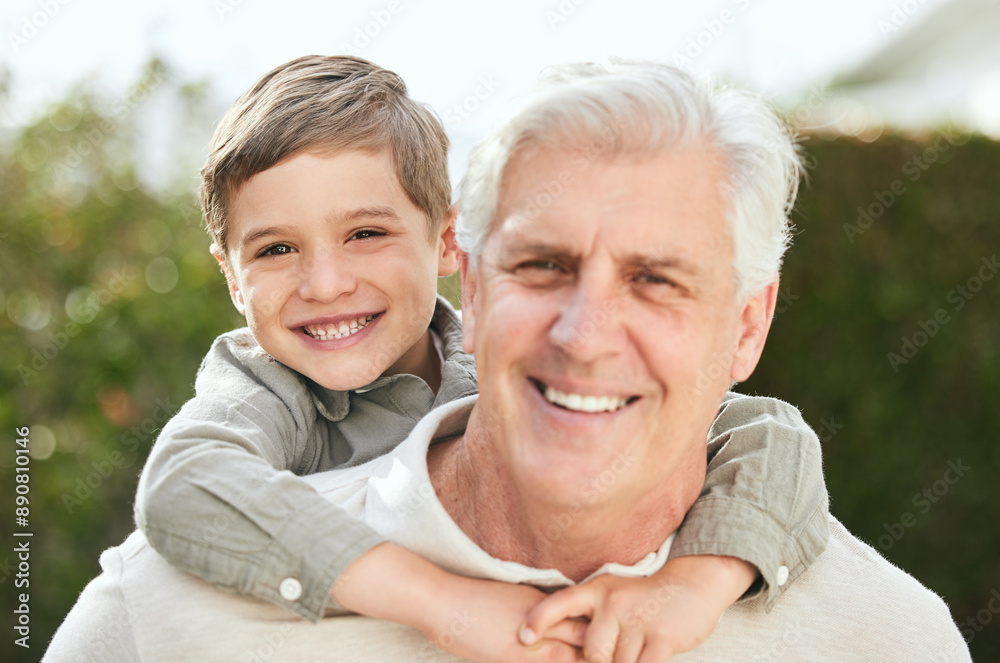 Piggyback, portrait or smile with grandpa and boy child outdoor in garden of home together for bonding. Carry, face or love with happy senior man and grandson in backyard for fun, games or visit Piggyback, portrait or smile with grandpa and boy child outdoor in garden of home together for bonding. Carry, face or love with happy senior man and grandson in backyard for fun, games or visit