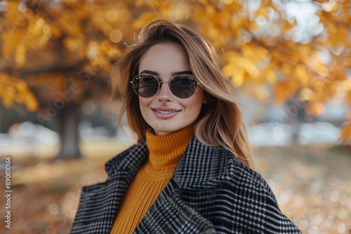 Woman In Plaid Coat Smiling In Front Of Autumn Leaves