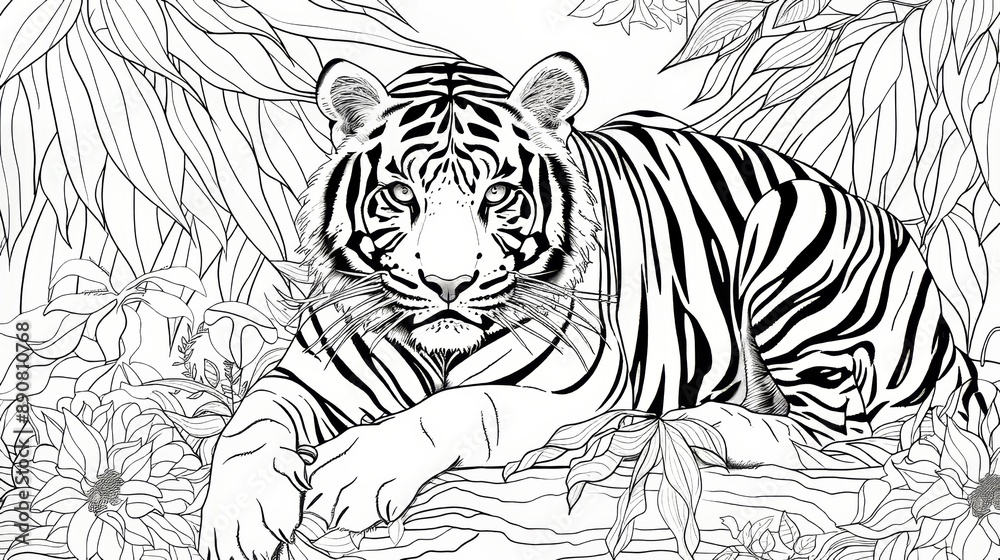 Fototapeta premium Design lined coloring pages featuring beautiful tigers. 