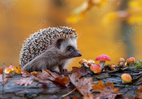 Hedgehog Encountering Mushrooms on Autumn Log