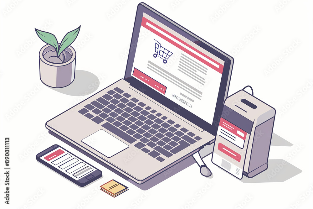 An isometric illustration of an e-commerce workspace with a laptop, smartphone, and office supplies, ideal for online business concepts. An isometric illustration of an e-commerce workspace with a laptop, smartphone, and office supplies, ideal for online business concepts.