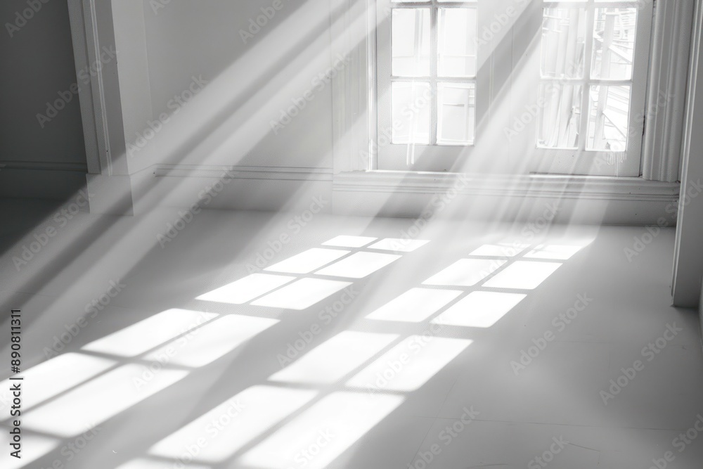 Obraz premium Natural light rays casting minimal shadows on white wall, trace monotone