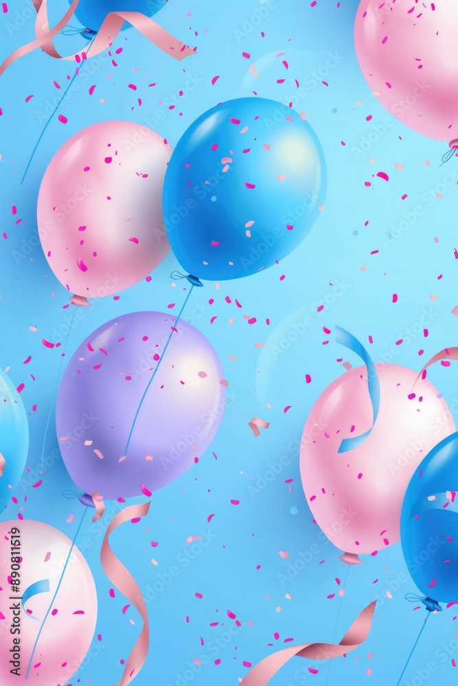 Colorful balloons and confetti scattered on a bright blue background, great for party or celebration scenes