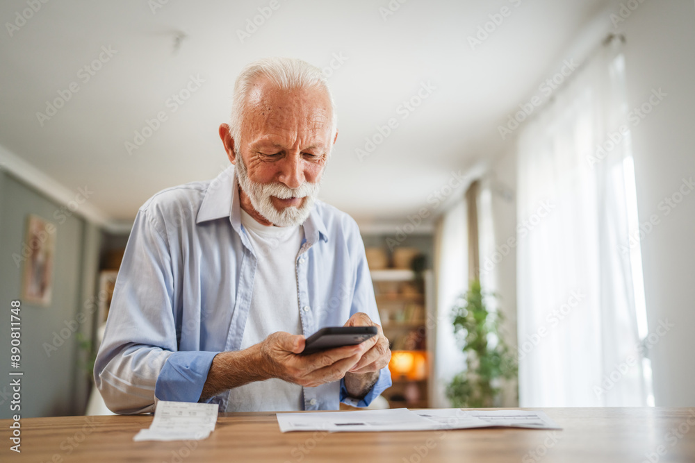Senior man have contact less payment scan invoice on mobile phone Senior man have contact less payment scan invoice on mobile phone