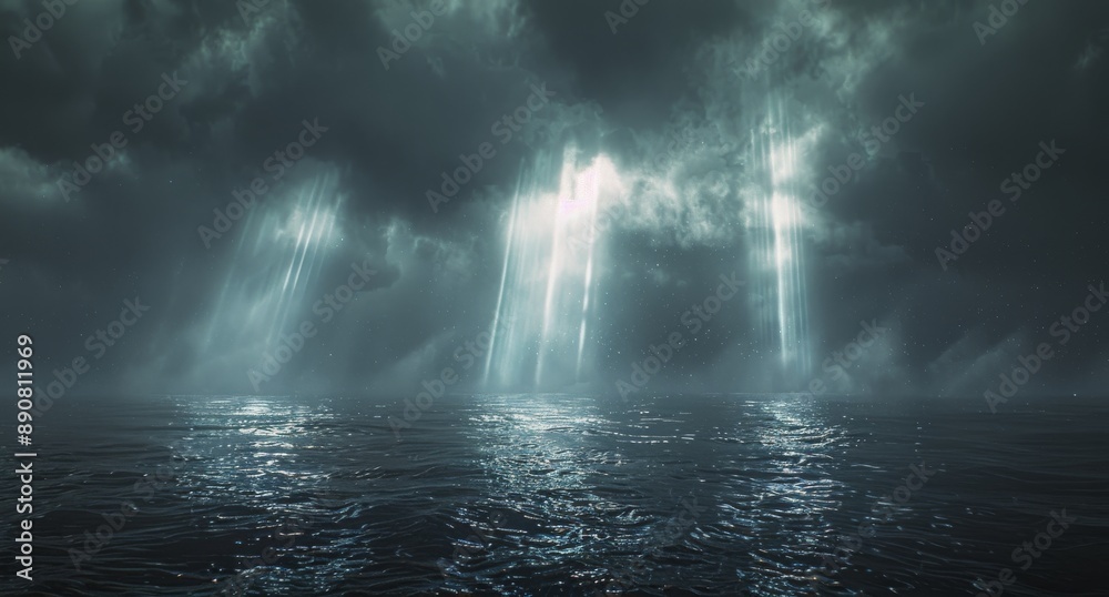Light Beams Piercing Through Dark Clouds Over a Stormy Sea at Night Light Beams Piercing Through Dark Clouds Over a Stormy Sea at Night