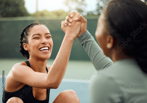 Fotografie Happy, fitness and friends high five in court or outdoor training in park for workout, exercise or practice
