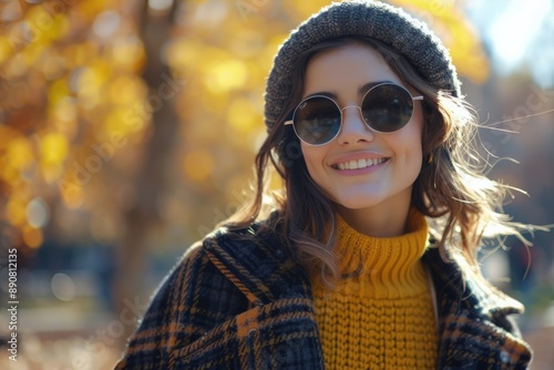 Smiling Woman In Sunglasses And Beanie In Autumn Park