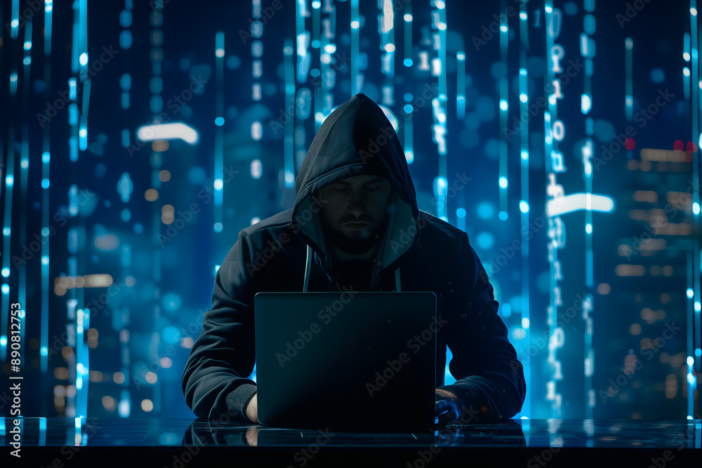 Hacker with black hoodie white neon mask red biohazard sign sitting behind open laptop against dark background Hacker with black hoodie white neon mask red biohazard sign sitting behind open laptop against dark background