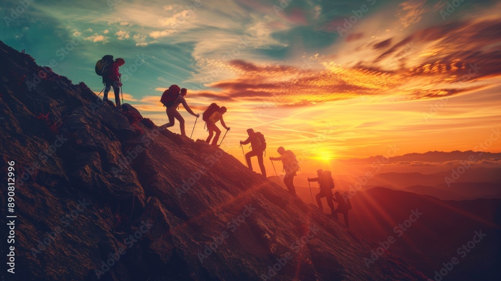 Fototapeta premium Mountain climbers at sunset