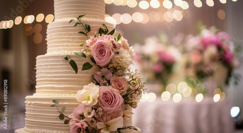 Four-Tier Wedding Cake Decorated With Pink and White Flowers at an Evening Re...